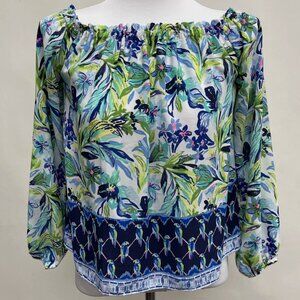 Lilly Pulitzer Top -  White Blue Green Off the Shoulder Parrots Floral - Size L